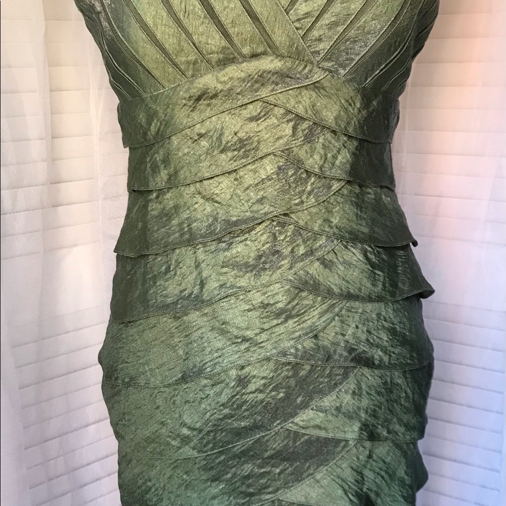 Adrianna Papell Olive Green Shimmer Layered Cocktail Dress